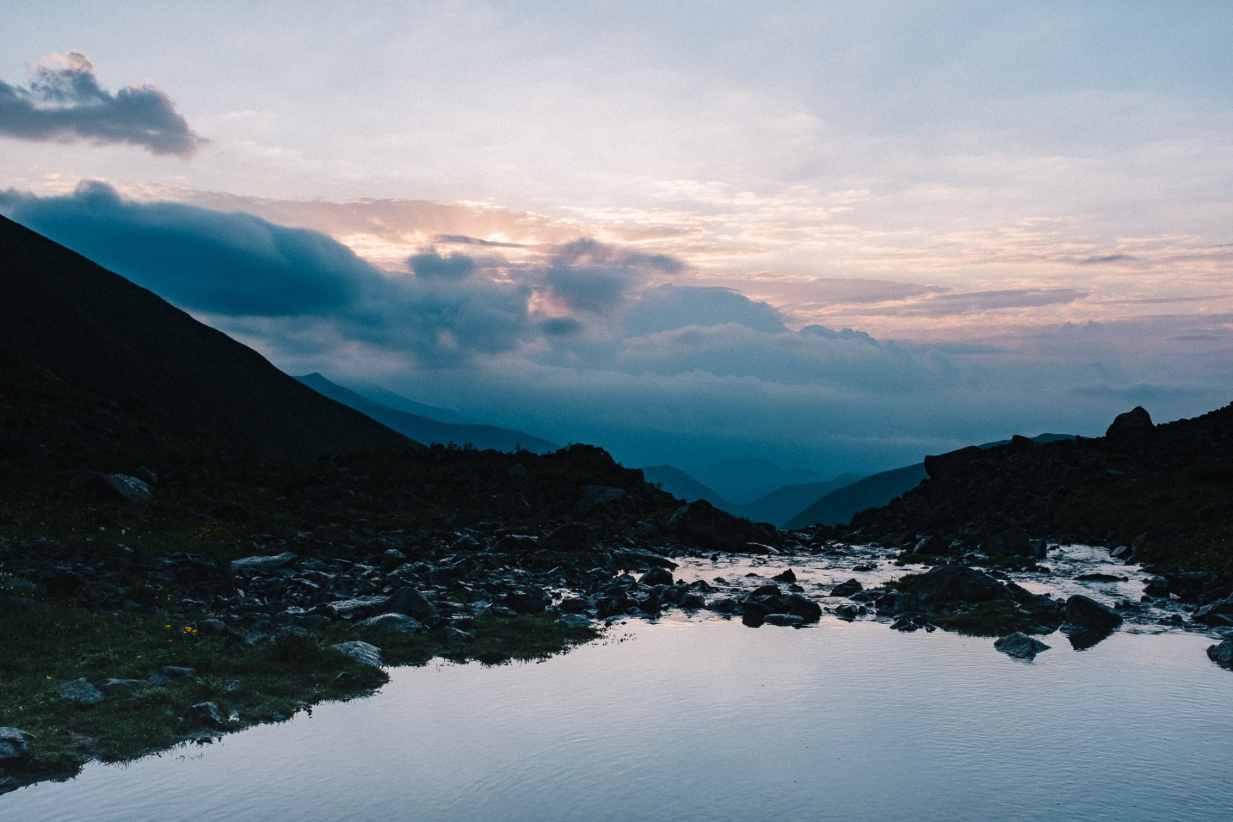 Sunset over the Caucasus mountains near Roshka and Shatili