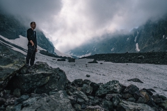Robin overlooking a glacier in the Caucasus mountains near Roshka