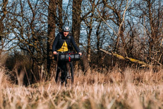 Sabina winter bikepacking Revelate Designs handlebar bag