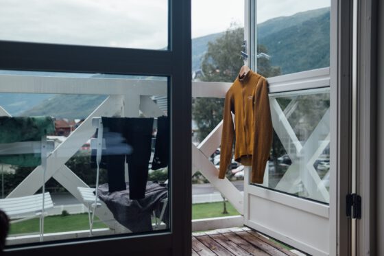 Cycling clothes hanging to dry in Flåm on the balcony of the hotel