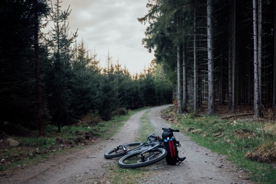 Gravel road through a dense forest in Skåne, Southern Sweden, with a loaded bike lying on the trail during a mini bikepacking adventure in Sweden.