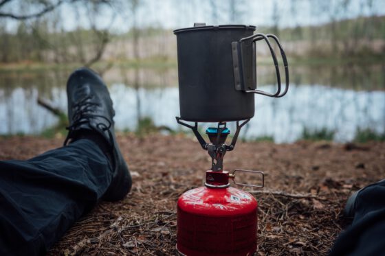 Making steeped La Cabra coffee on a camping stove