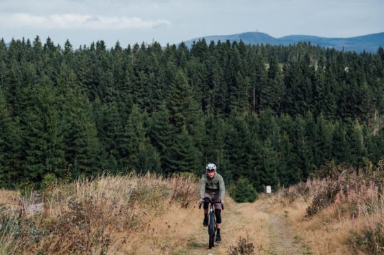 Cyclist on a gravel climb surrounded by dense green forest in the Harz Mountains.