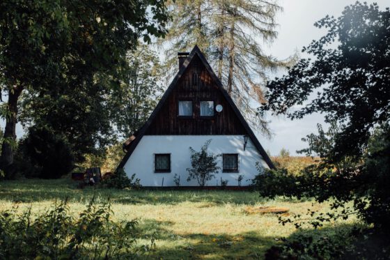 A-frame cabin surrounded by trees in the Harz Mountains, Germany.