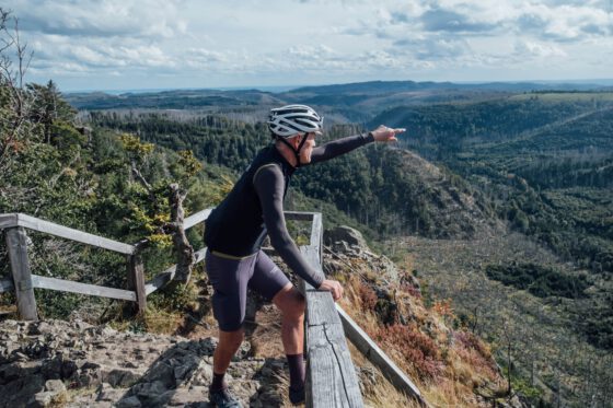 Rider points across a vast forested valley from a viewpoint in the Harz Mountains.