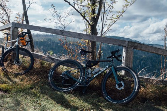 Gravel bikes resting against a wooden fence overlooking the Harz Mountains landscape.