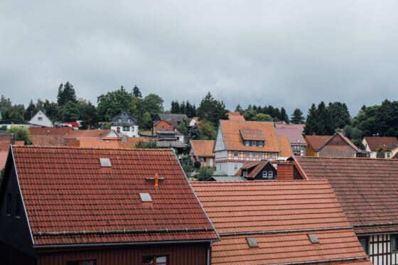 Rooftops of traditional houses under cloudy skies in a Harz Mountain village.