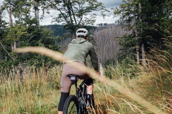 Gravel cyclist stops to view a landscape of bare and green trees in the Harz Mountains.